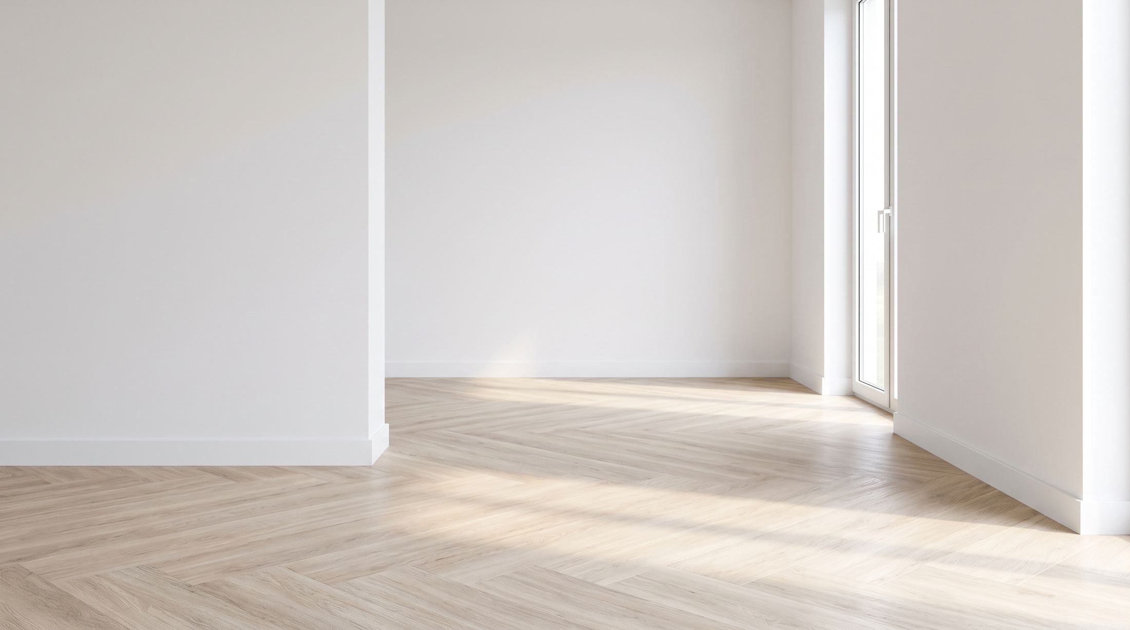 A sunlit room with a pale oak herringbone vinyl floor