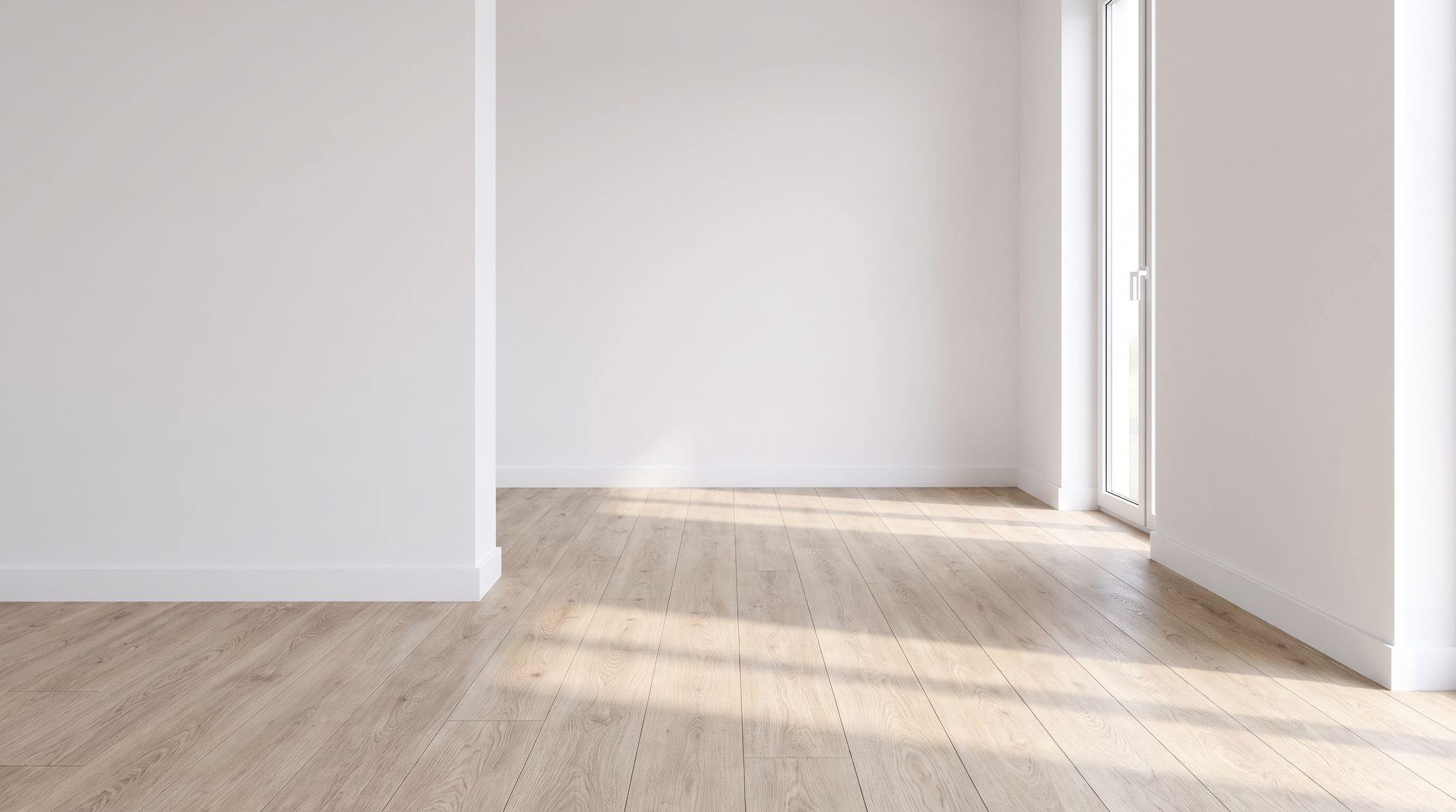 A sunlit empty room with a light oak vinyl plank floor