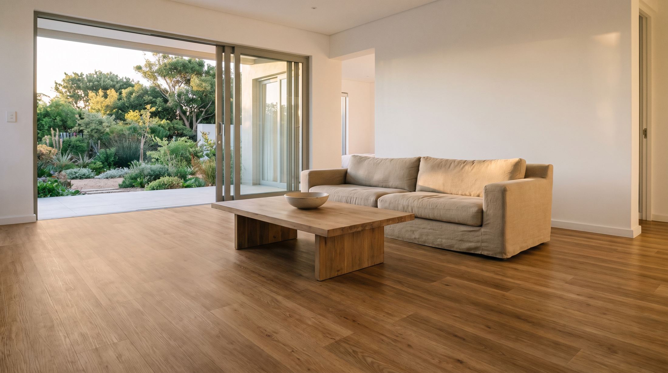 A calm living room with a warm oak vinyl plank floor and garden doors