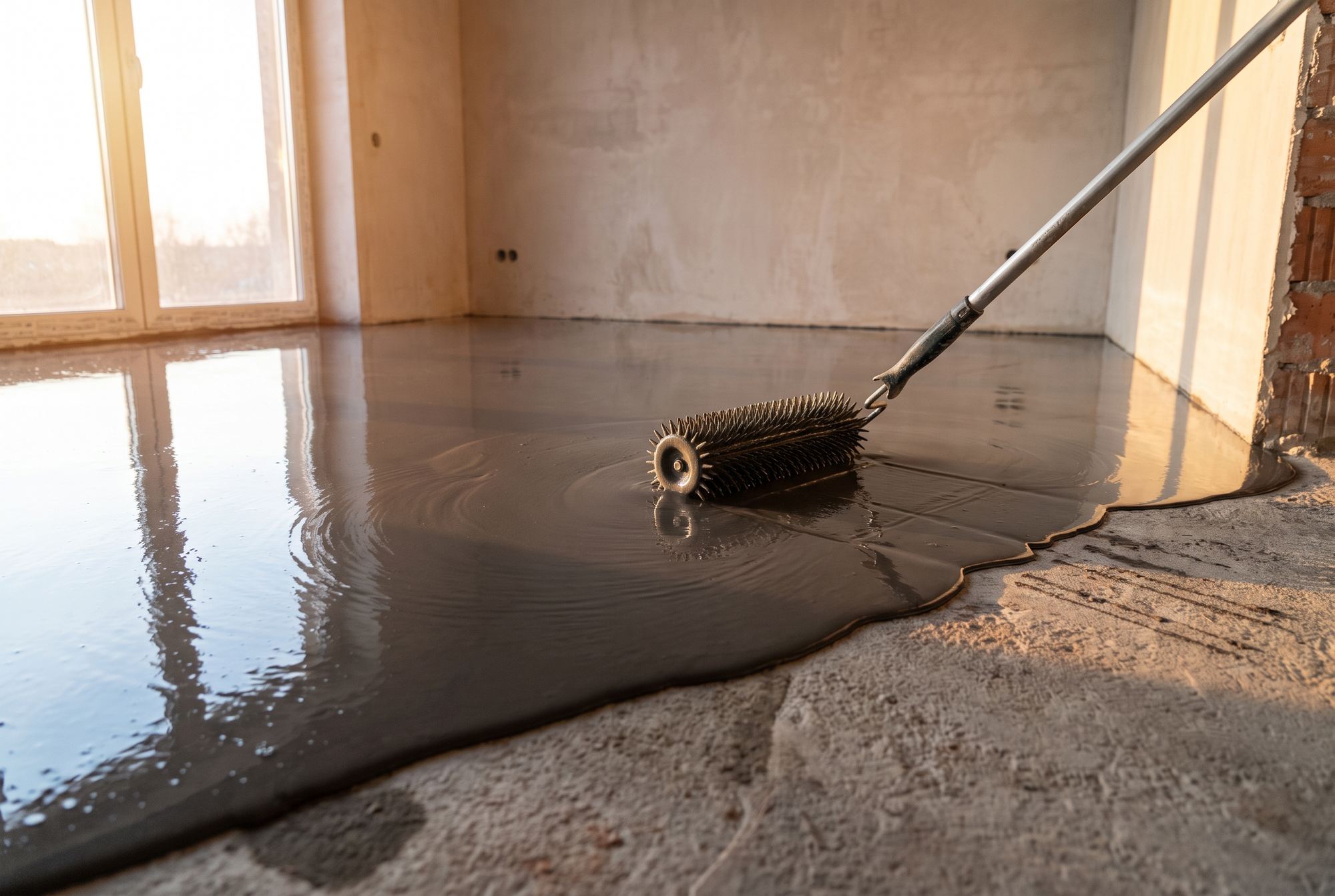 Grey self-levelling compound spreading across a concrete floor with a spiked roller resting on it